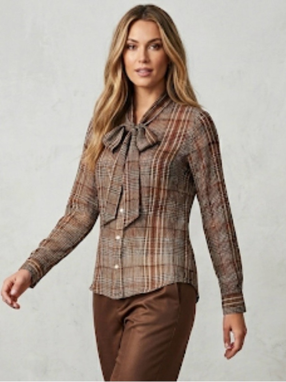 Brooks Brothers 100% Silk Plaid Pussybow Blouse - Brown/Tan - Size 8